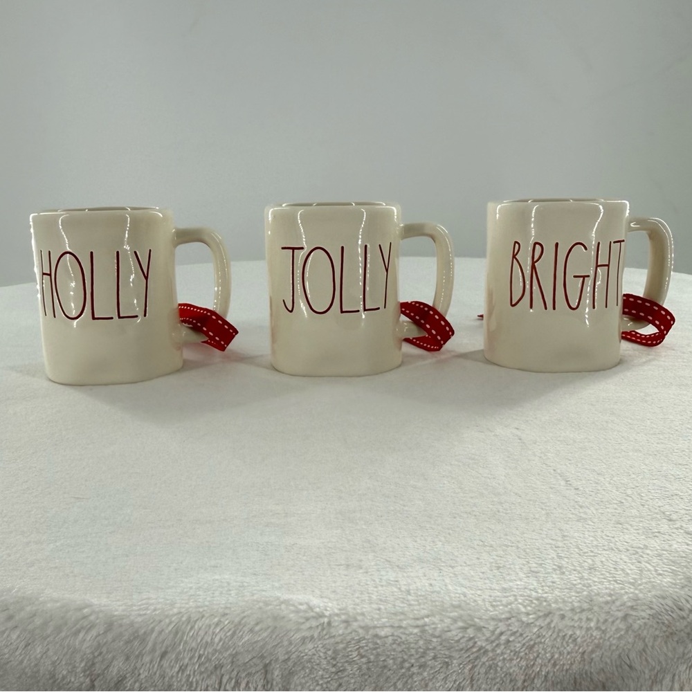 Rae Dunn Holly, Jolly & Bright Mini Mug Ornament Set